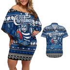 Personalized Cats Rugby Xmas Couples Matching Off Shoulder Short Dress and Hawaiian Shirt Australia AFL Mascot