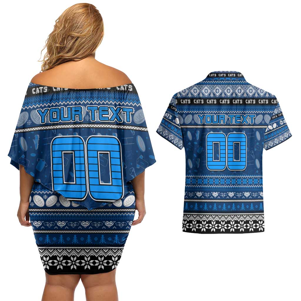 Personalized Cats Rugby Xmas Couples Matching Off Shoulder Short Dress and Hawaiian Shirt Australia AFL Mascot