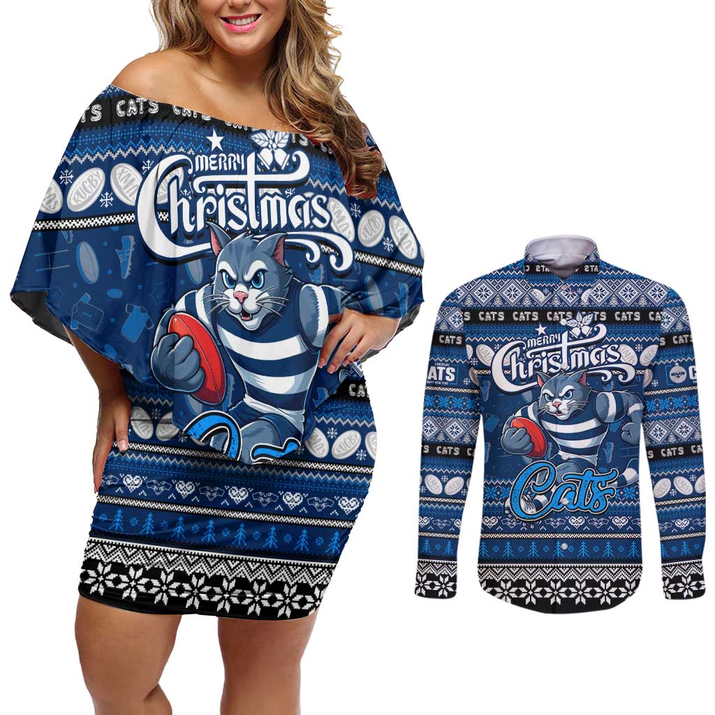 Personalized Cats Rugby Xmas Couples Matching Off Shoulder Short Dress and Long Sleeve Button Shirt Australia AFL Mascot