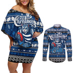 Personalized Cats Rugby Xmas Couples Matching Off Shoulder Short Dress and Long Sleeve Button Shirt Australia AFL Mascot
