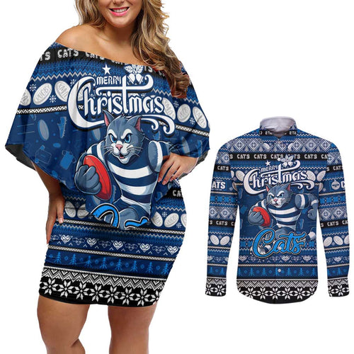 Personalized Cats Rugby Xmas Couples Matching Off Shoulder Short Dress and Long Sleeve Button Shirt Australia AFL Mascot
