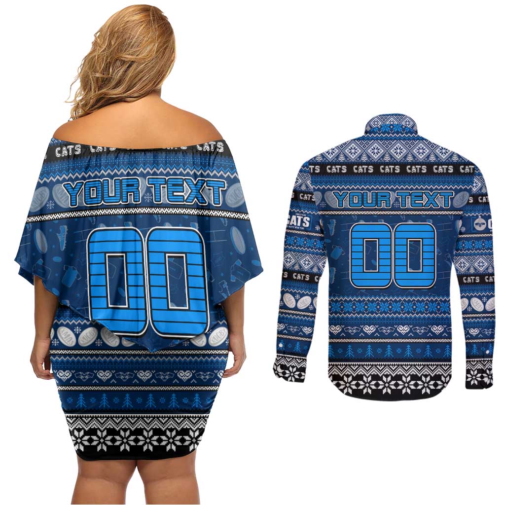 Personalized Cats Rugby Xmas Couples Matching Off Shoulder Short Dress and Long Sleeve Button Shirt Australia AFL Mascot