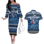 Personalized Cats Rugby Xmas Couples Matching Off The Shoulder Long Sleeve Dress and Hawaiian Shirt Australia AFL Mascot