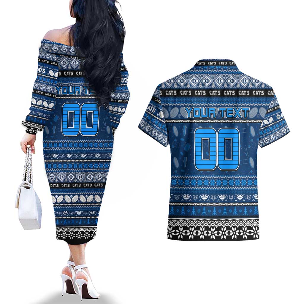 Personalized Cats Rugby Xmas Couples Matching Off The Shoulder Long Sleeve Dress and Hawaiian Shirt Australia AFL Mascot