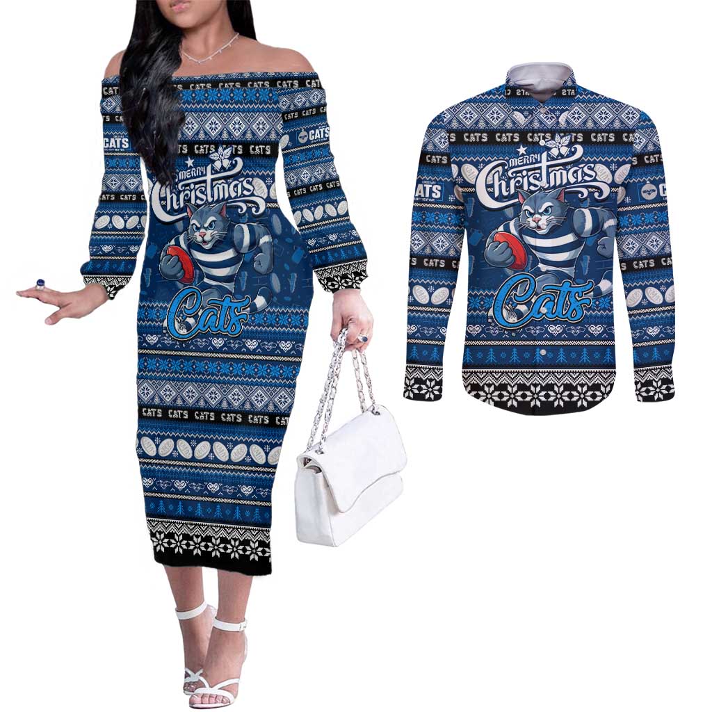 Personalized Cats Rugby Xmas Couples Matching Off The Shoulder Long Sleeve Dress and Long Sleeve Button Shirt Australia AFL Mascot