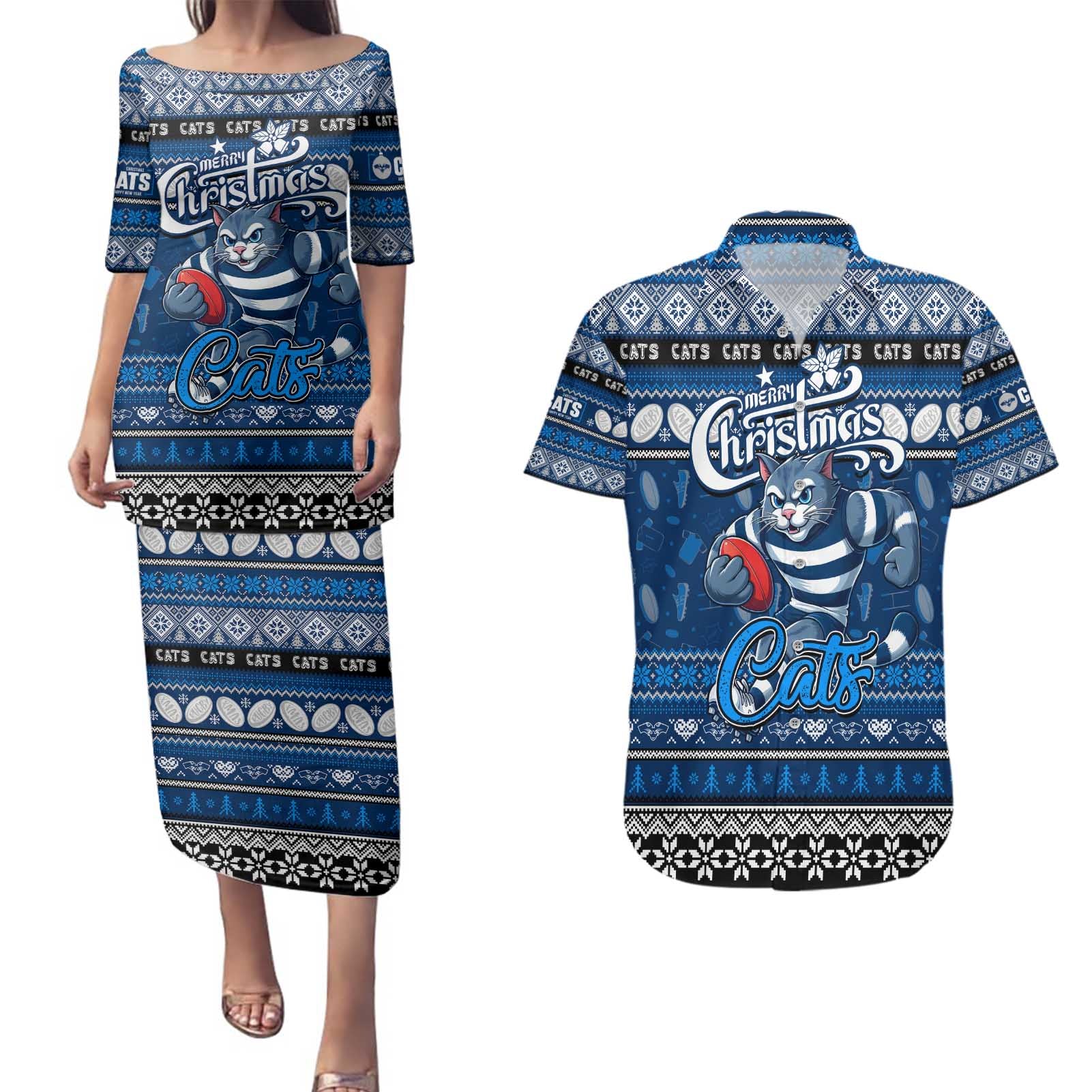 Personalized Cats Rugby Xmas Couples Matching Puletasi and Hawaiian Shirt Australia AFL Mascot
