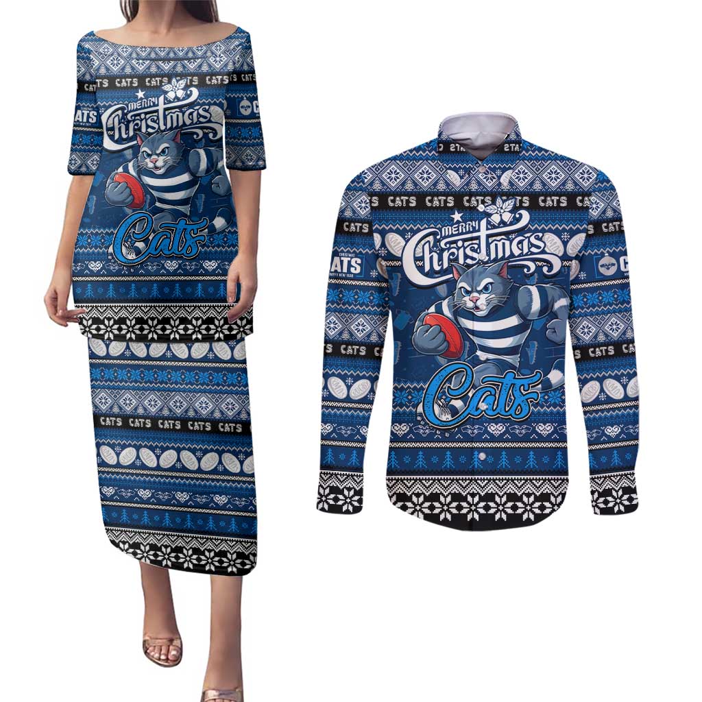 Personalized Cats Rugby Xmas Couples Matching Puletasi and Long Sleeve Button Shirt Australia AFL Mascot