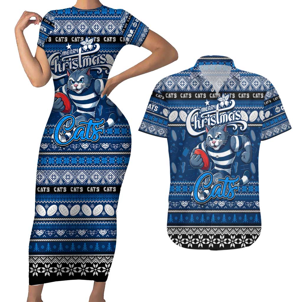 Personalized Cats Rugby Xmas Couples Matching Short Sleeve Bodycon Dress and Hawaiian Shirt Australia AFL Mascot
