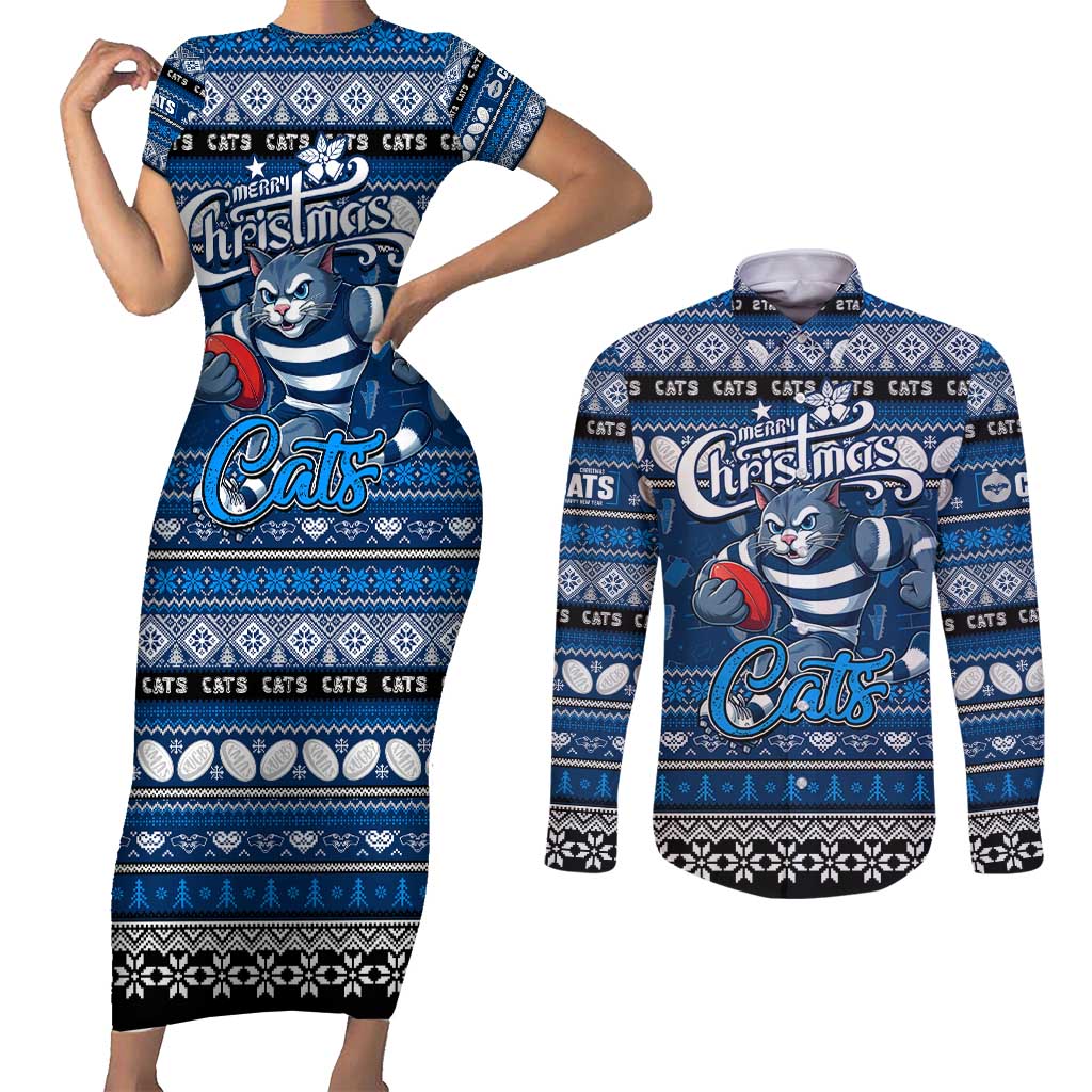 Personalized Cats Rugby Xmas Couples Matching Short Sleeve Bodycon Dress and Long Sleeve Button Shirt Australia AFL Mascot