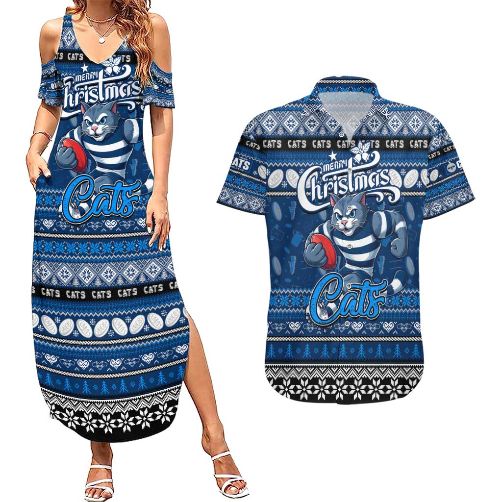 Personalized Cats Rugby Xmas Couples Matching Summer Maxi Dress and Hawaiian Shirt Australia AFL Mascot