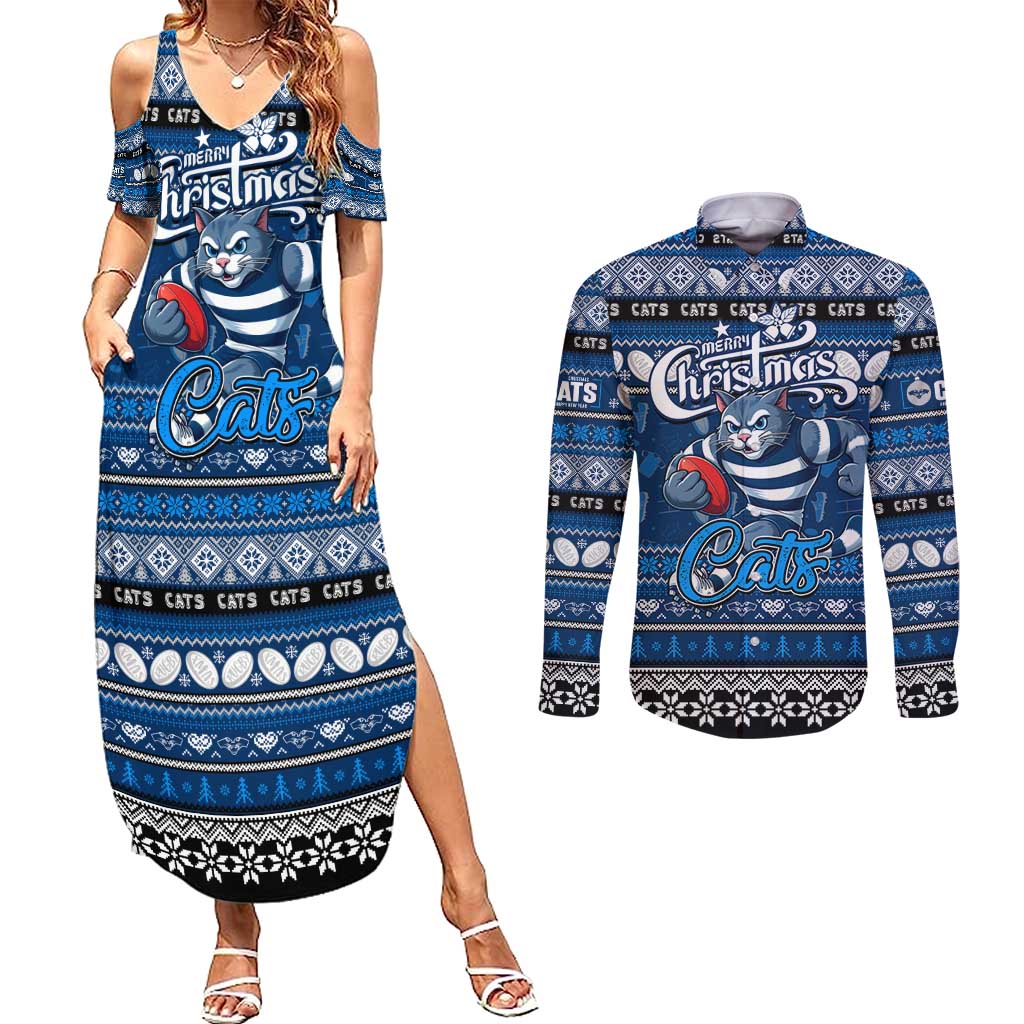 Personalized Cats Rugby Xmas Couples Matching Summer Maxi Dress and Long Sleeve Button Shirt Australia AFL Mascot