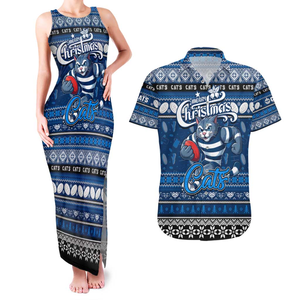 Personalized Cats Rugby Xmas Couples Matching Tank Maxi Dress and Hawaiian Shirt Australia AFL Mascot