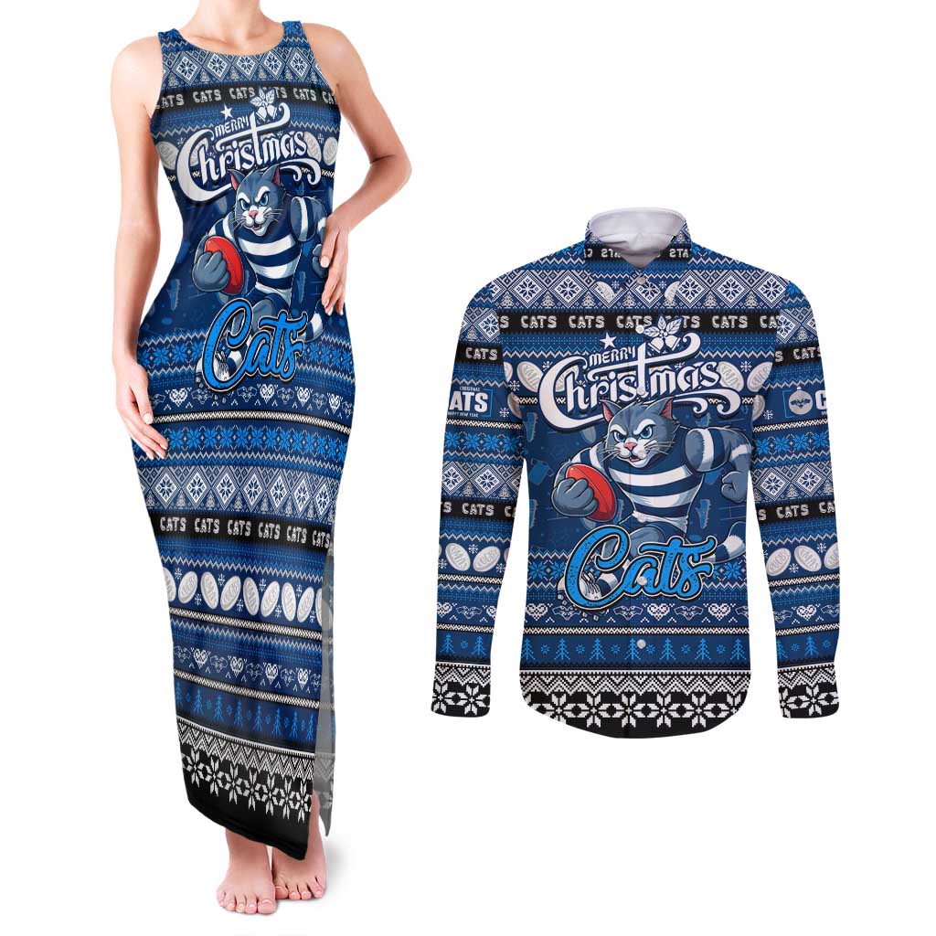 Personalized Cats Rugby Xmas Couples Matching Tank Maxi Dress and Long Sleeve Button Shirt Australia AFL Mascot