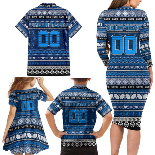 Personalized Cats Rugby Xmas Family Matching Long Sleeve Bodycon Dress and Hawaiian Shirt Australia AFL Mascot