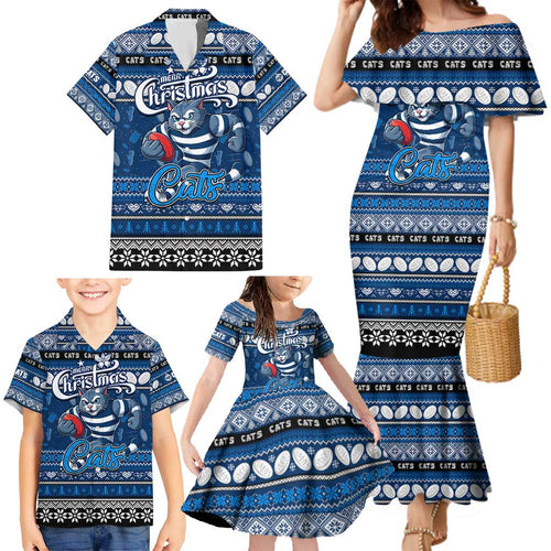 Personalized Cats Rugby Xmas Family Matching Mermaid Dress and Hawaiian Shirt Australia AFL Mascot