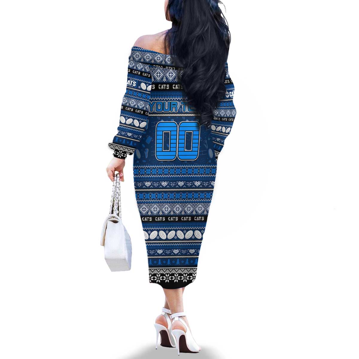 Personalized Cats Rugby Xmas Family Matching Off The Shoulder Long Sleeve Dress and Hawaiian Shirt Australia AFL Mascot