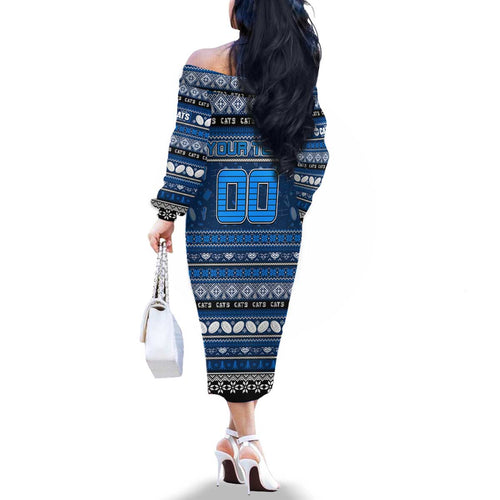 Personalized Cats Rugby Xmas Family Matching Off The Shoulder Long Sleeve Dress and Hawaiian Shirt Australia AFL Mascot