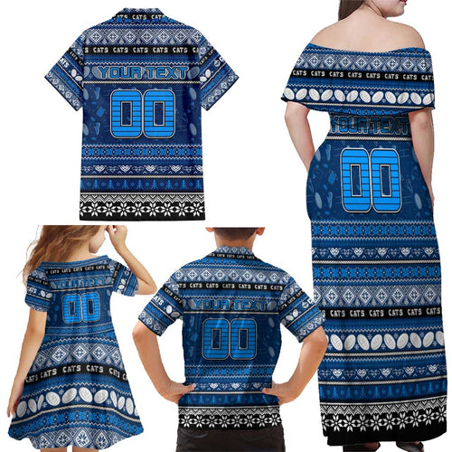 Personalized Cats Rugby Xmas Family Matching Off Shoulder Maxi Dress and Hawaiian Shirt Australia AFL Mascot