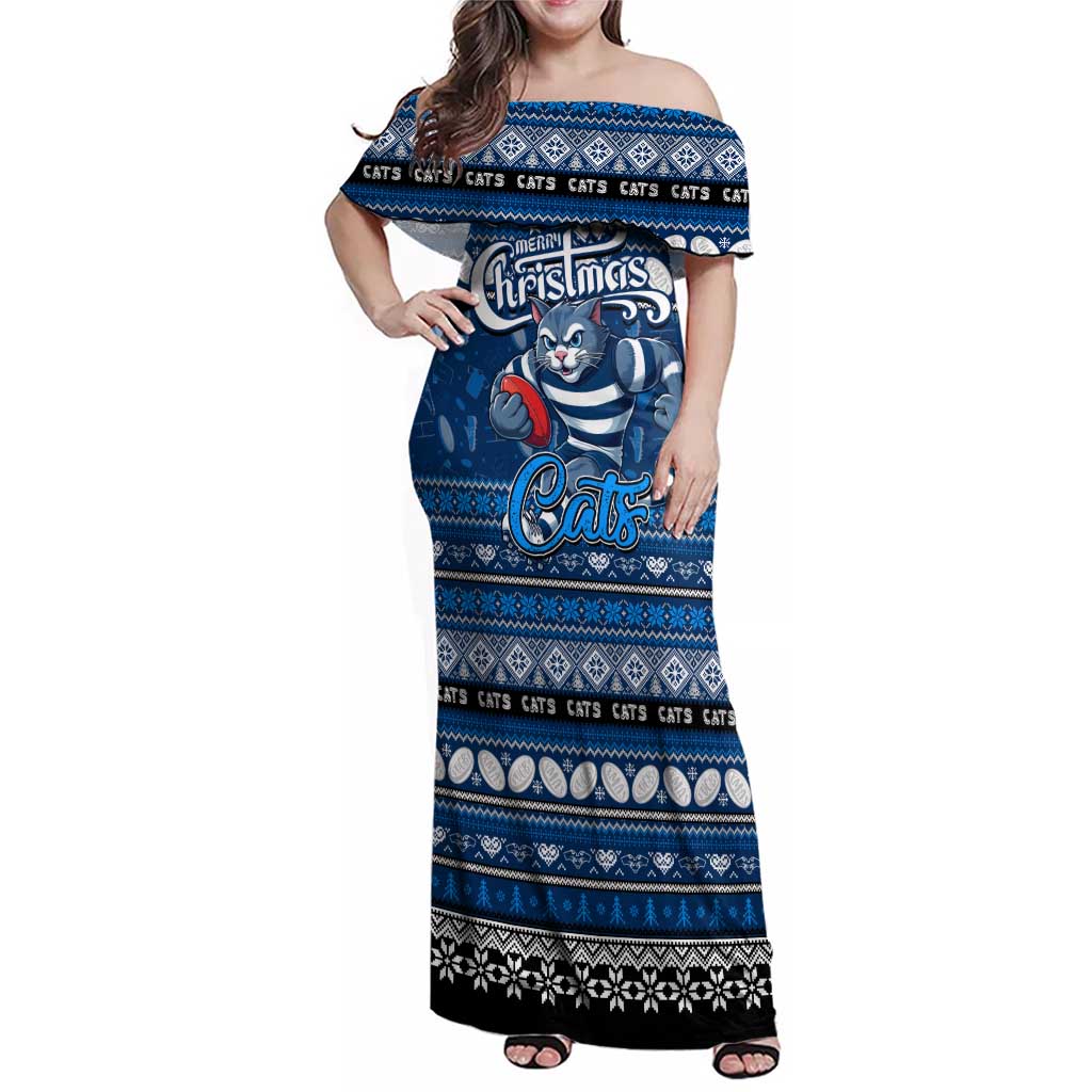 Personalized Cats Rugby Xmas Family Matching Off Shoulder Maxi Dress and Hawaiian Shirt Australia AFL Mascot