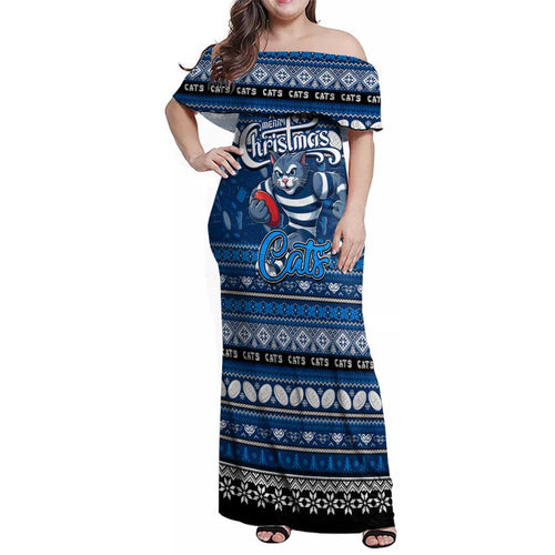 Personalized Cats Rugby Xmas Family Matching Off Shoulder Maxi Dress and Hawaiian Shirt Australia AFL Mascot