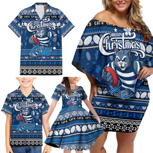 Personalized Cats Rugby Xmas Family Matching Off Shoulder Short Dress and Hawaiian Shirt Australia AFL Mascot