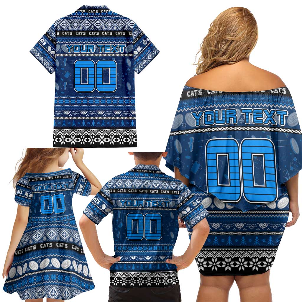 Personalized Cats Rugby Xmas Family Matching Off Shoulder Short Dress and Hawaiian Shirt Australia AFL Mascot