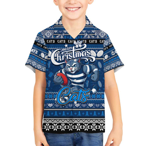 Personalized Cats Rugby Xmas Family Matching Off Shoulder Short Dress and Hawaiian Shirt Australia AFL Mascot