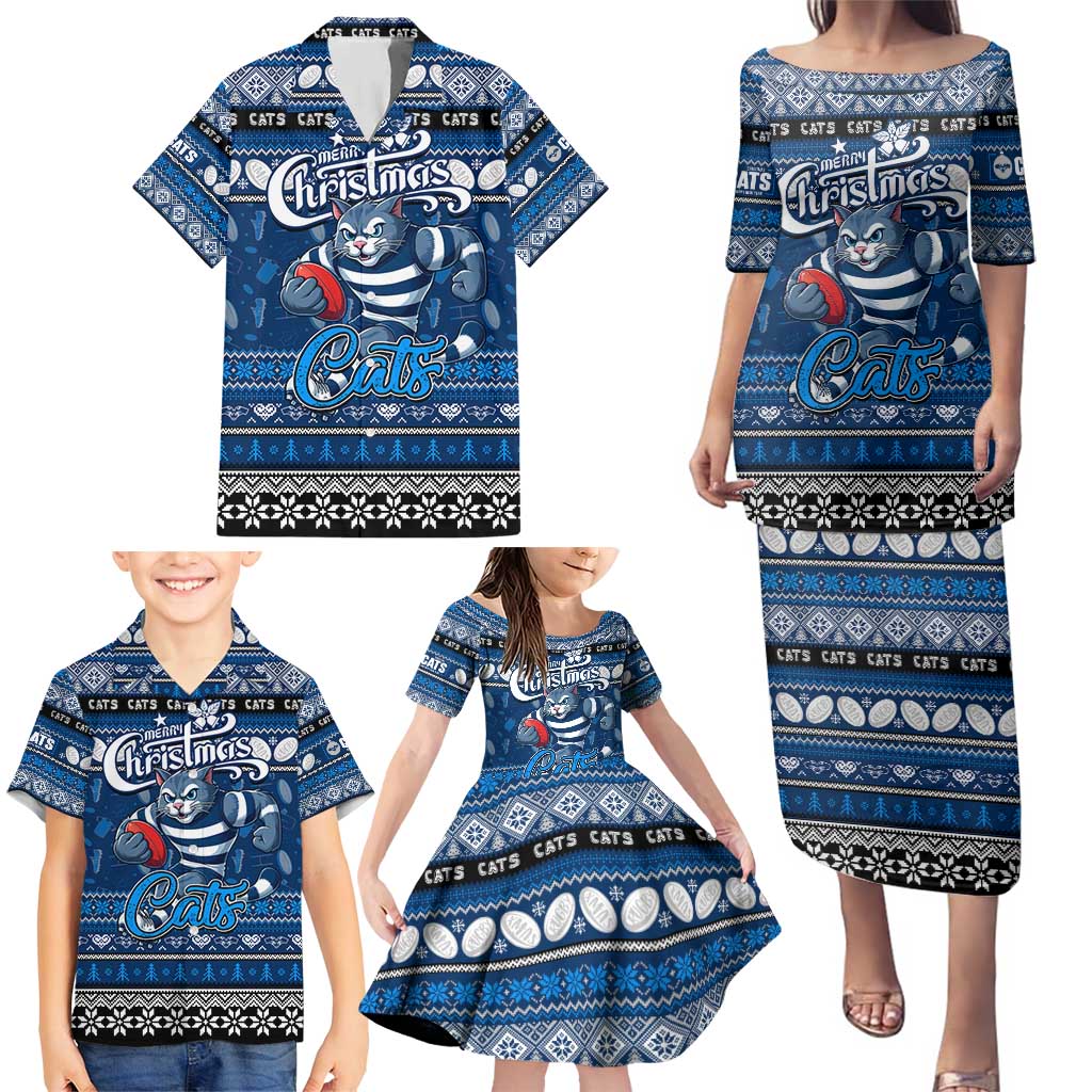 Personalized Cats Rugby Xmas Family Matching Puletasi and Hawaiian Shirt Australia AFL Mascot