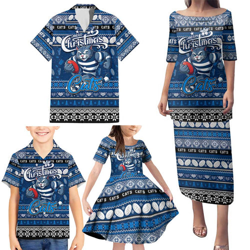Personalized Cats Rugby Xmas Family Matching Puletasi and Hawaiian Shirt Australia AFL Mascot