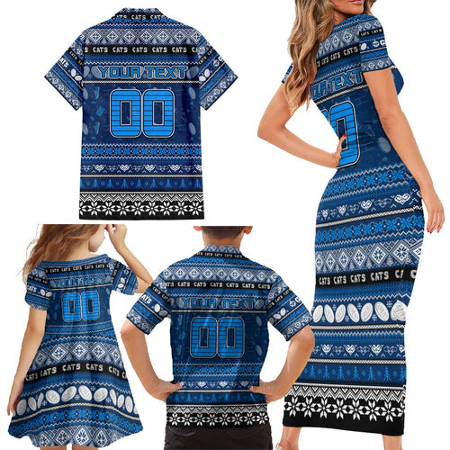 Personalized Cats Rugby Xmas Family Matching Short Sleeve Bodycon Dress and Hawaiian Shirt Australia AFL Mascot