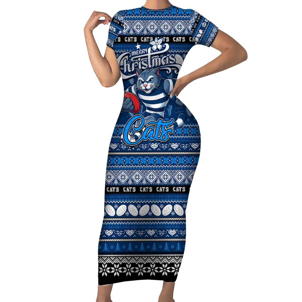 Personalized Cats Rugby Xmas Family Matching Short Sleeve Bodycon Dress and Hawaiian Shirt Australia AFL Mascot