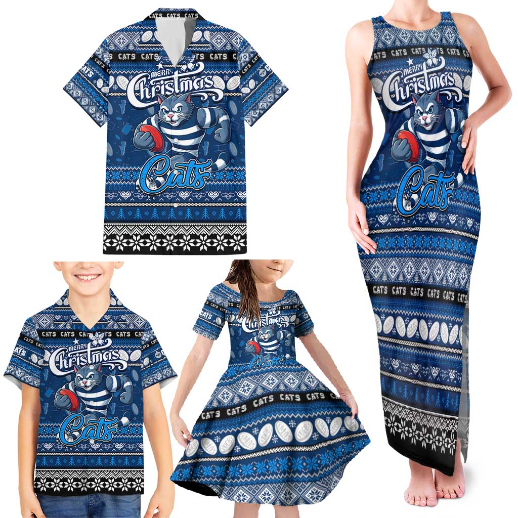 Personalized Cats Rugby Xmas Family Matching Tank Maxi Dress and Hawaiian Shirt Australia AFL Mascot