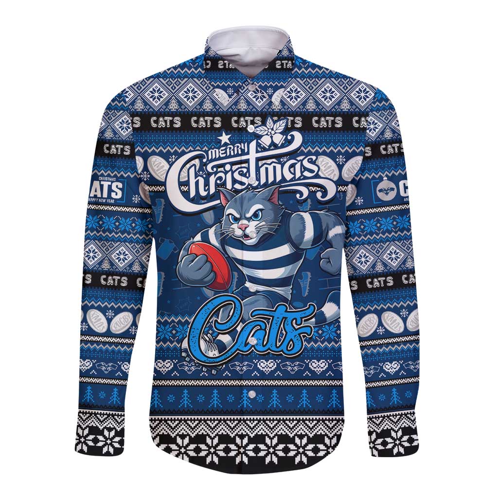 Personalized Cats Rugby Xmas Long Sleeve Button Shirt Australia AFL Mascot