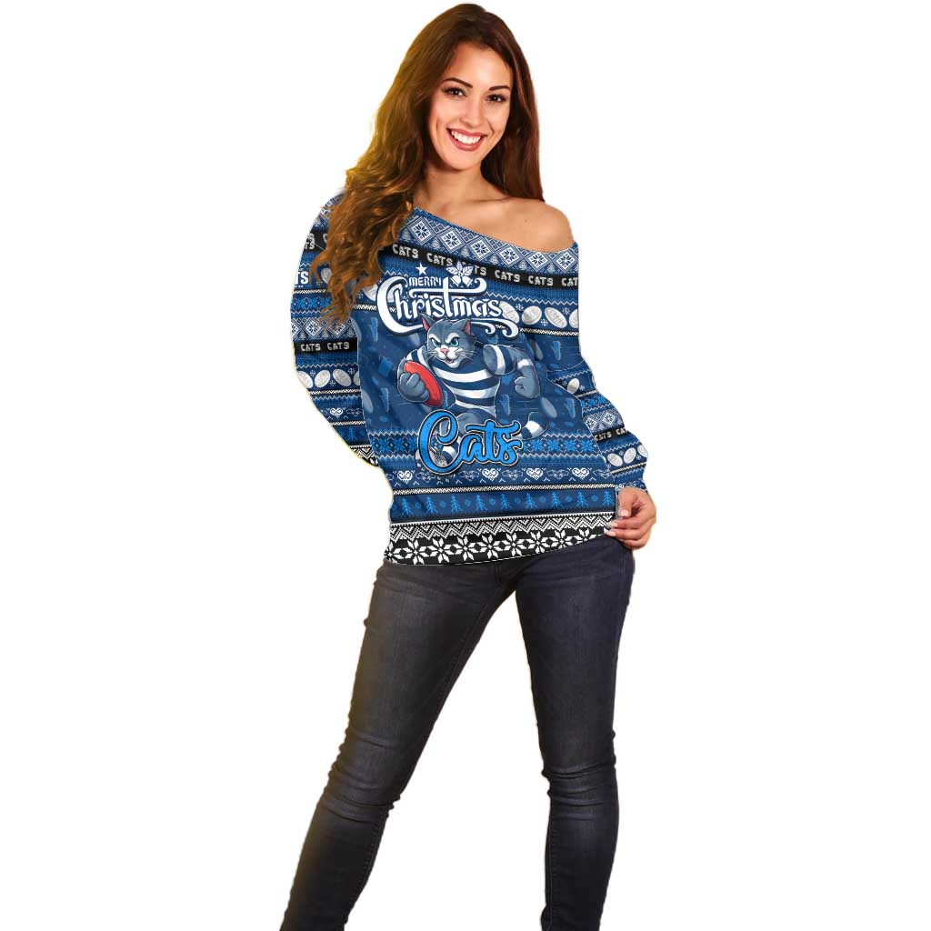 Personalized Cats Rugby Xmas Off Shoulder Sweater Australia AFL Mascot