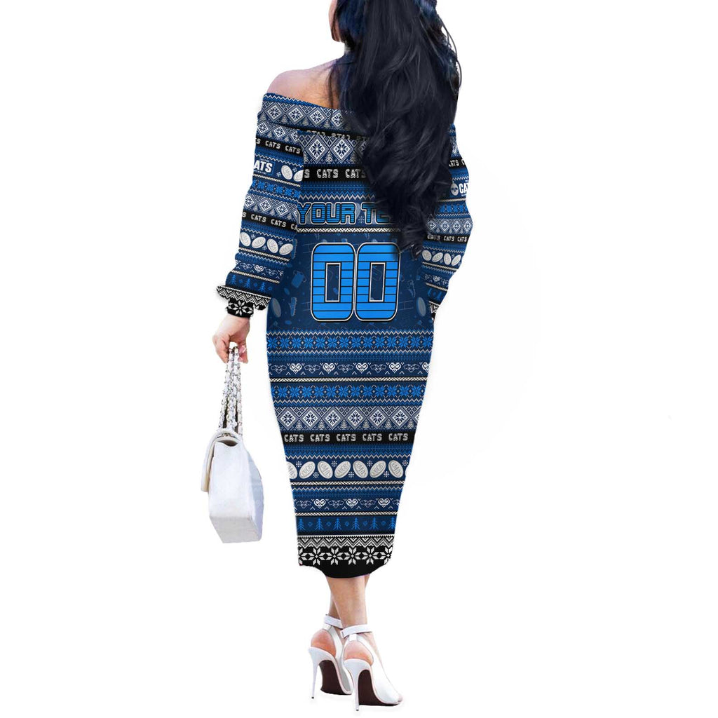 Personalized Cats Rugby Xmas Off The Shoulder Long Sleeve Dress Australia AFL Mascot