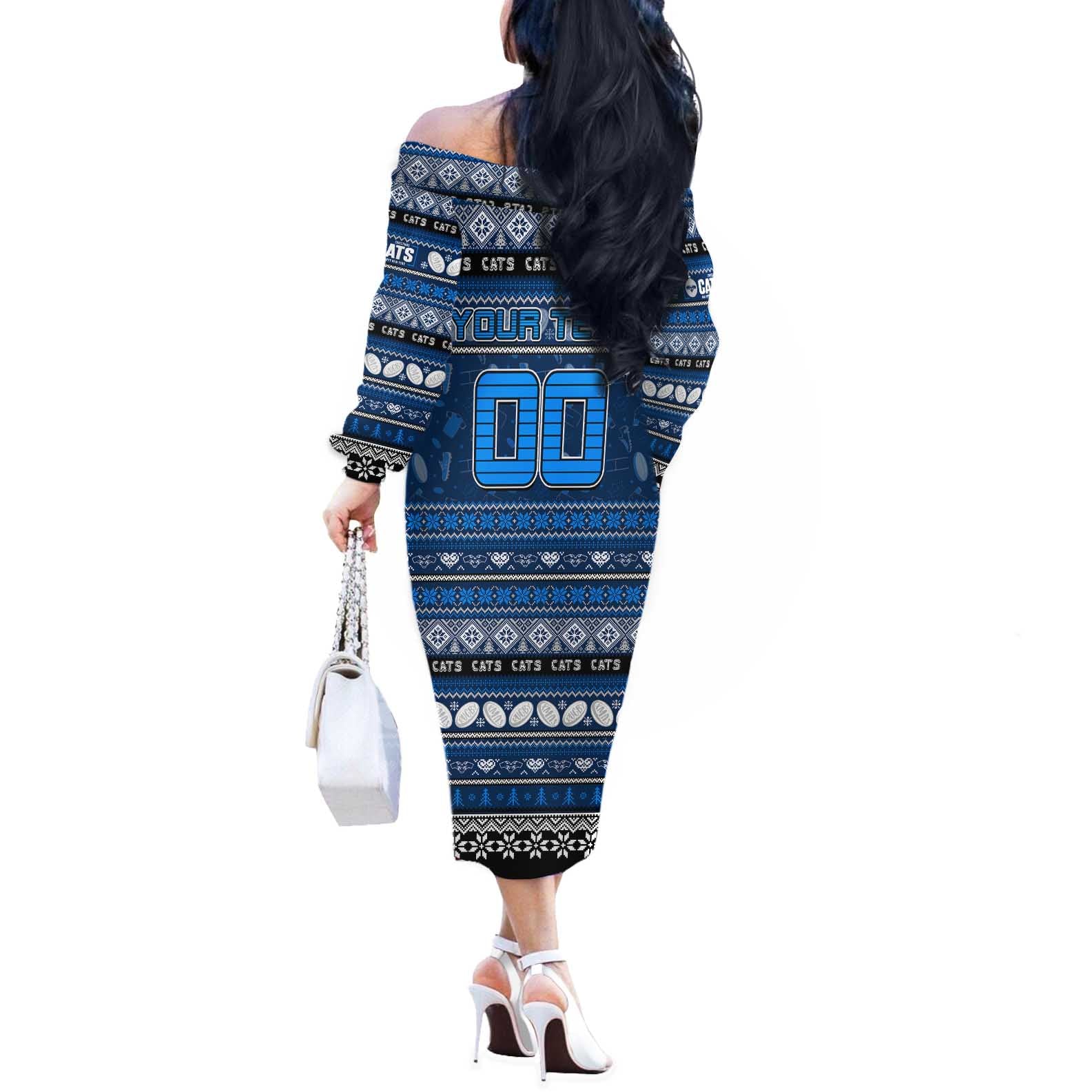 Personalized Cats Rugby Xmas Off The Shoulder Long Sleeve Dress Australia AFL Mascot