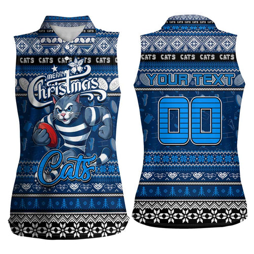 Personalized Cats Rugby Xmas Women Sleeveless Polo Shirt Australia AFL Mascot