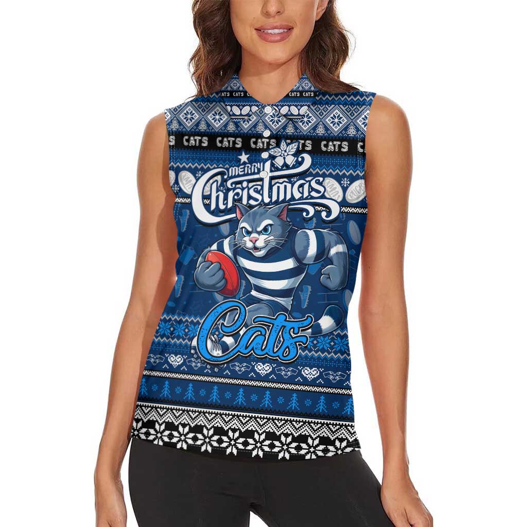 Personalized Cats Rugby Xmas Women Sleeveless Polo Shirt Australia AFL Mascot