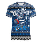 Personalized Cats Rugby Xmas Women V-Neck T-Shirt Australia AFL Mascot