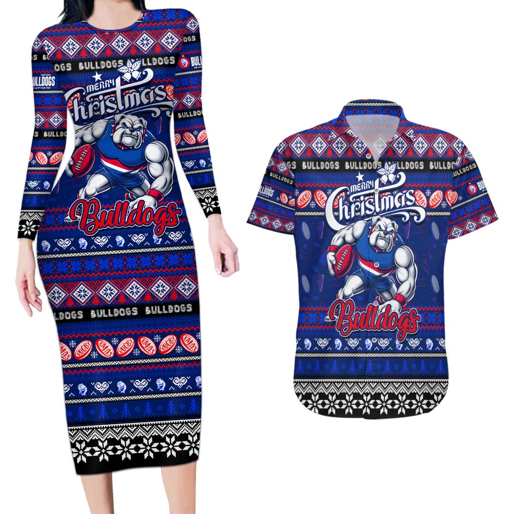 Personalized Bulldogs Rugby Xmas Couples Matching Long Sleeve Bodycon Dress and Hawaiian Shirt Australia AFL Mascot