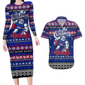 Personalized Bulldogs Rugby Xmas Couples Matching Long Sleeve Bodycon Dress and Hawaiian Shirt Australia AFL Mascot