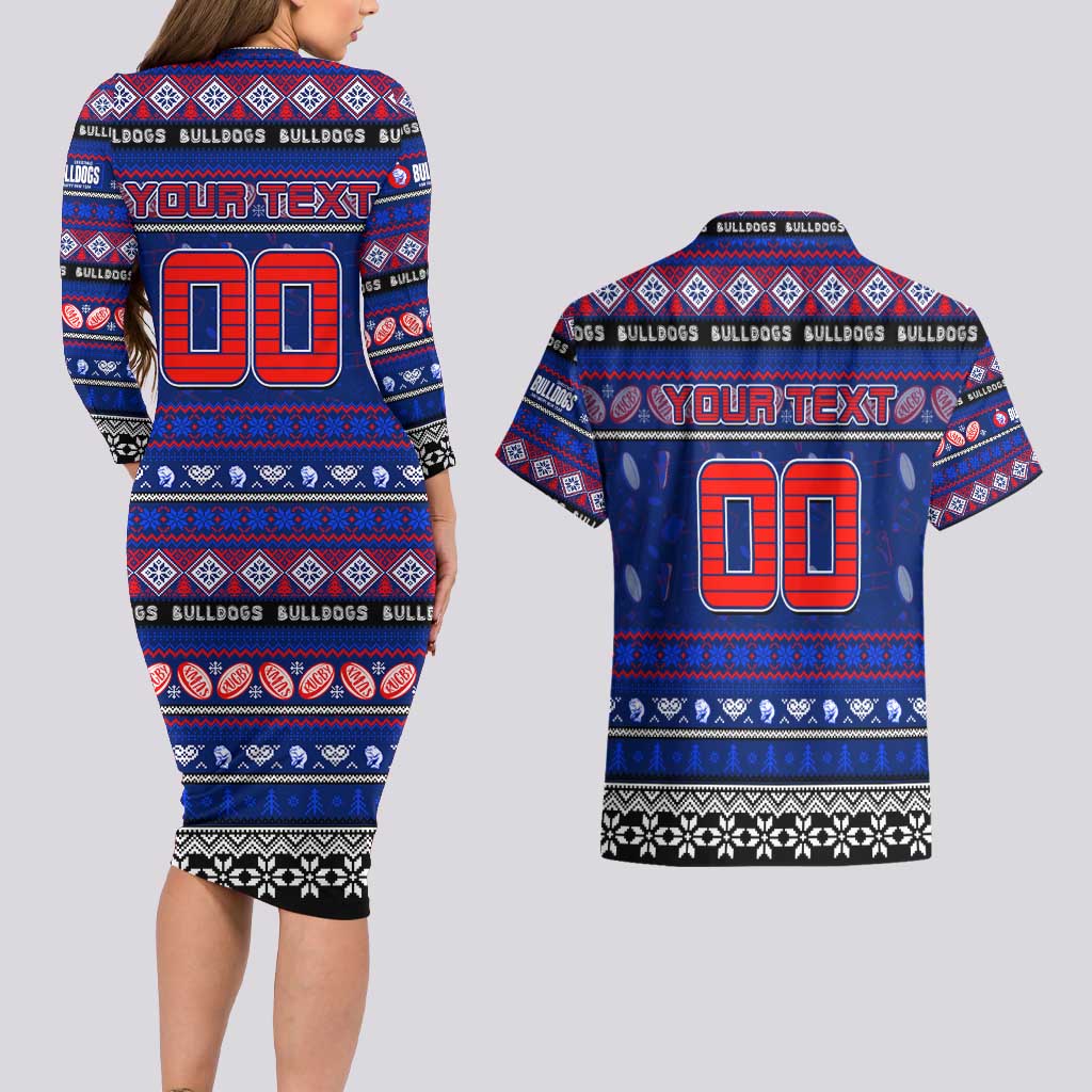 Personalized Bulldogs Rugby Xmas Couples Matching Long Sleeve Bodycon Dress and Hawaiian Shirt Australia AFL Mascot