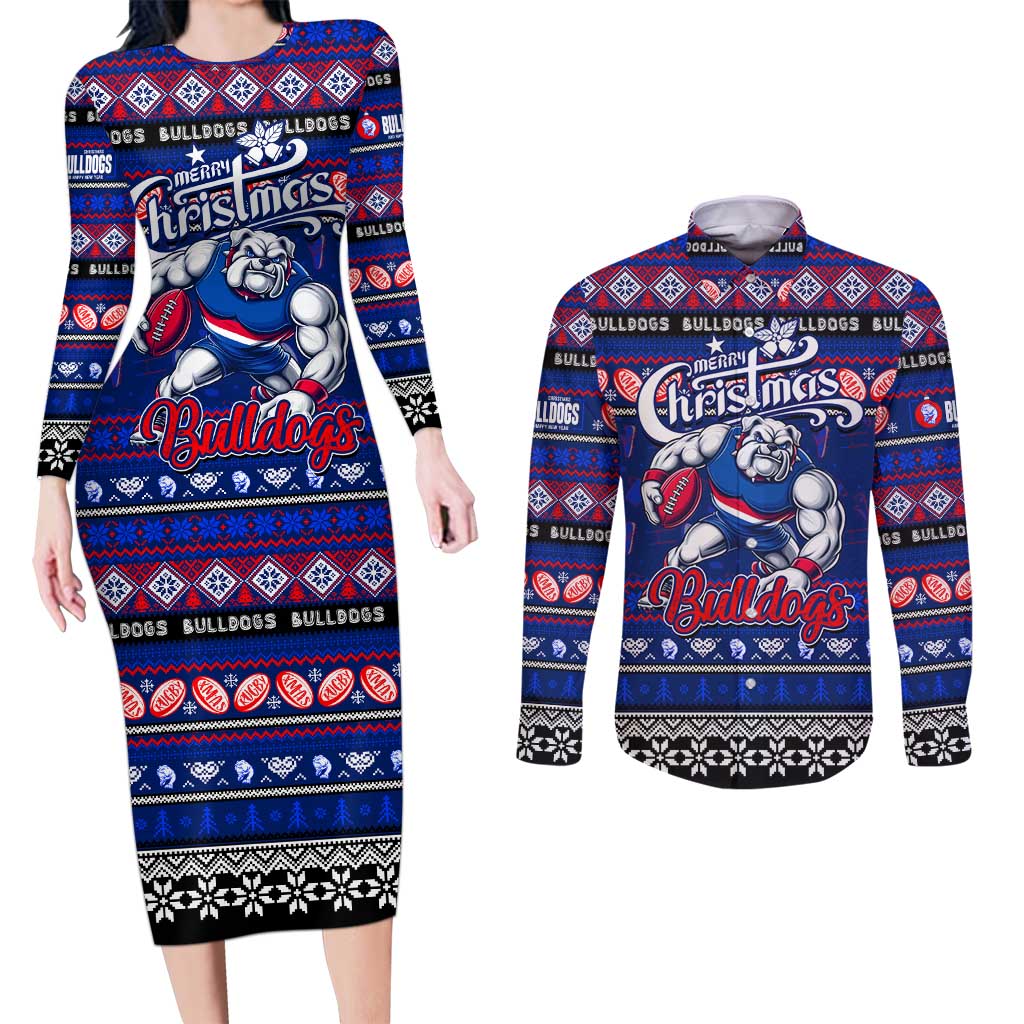 Personalized Bulldogs Rugby Xmas Couples Matching Long Sleeve Bodycon Dress and Long Sleeve Button Shirt Australia AFL Mascot