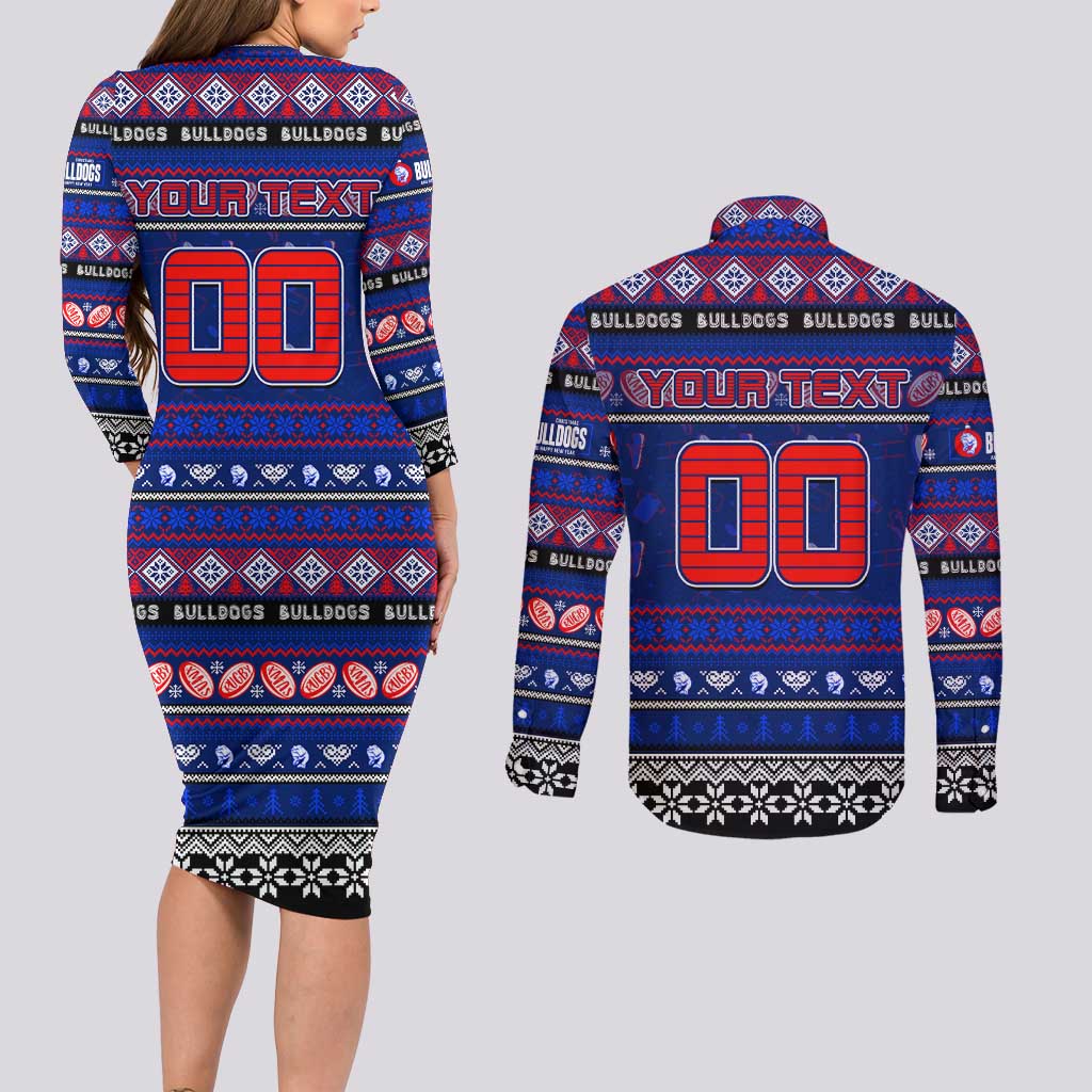 Personalized Bulldogs Rugby Xmas Couples Matching Long Sleeve Bodycon Dress and Long Sleeve Button Shirt Australia AFL Mascot