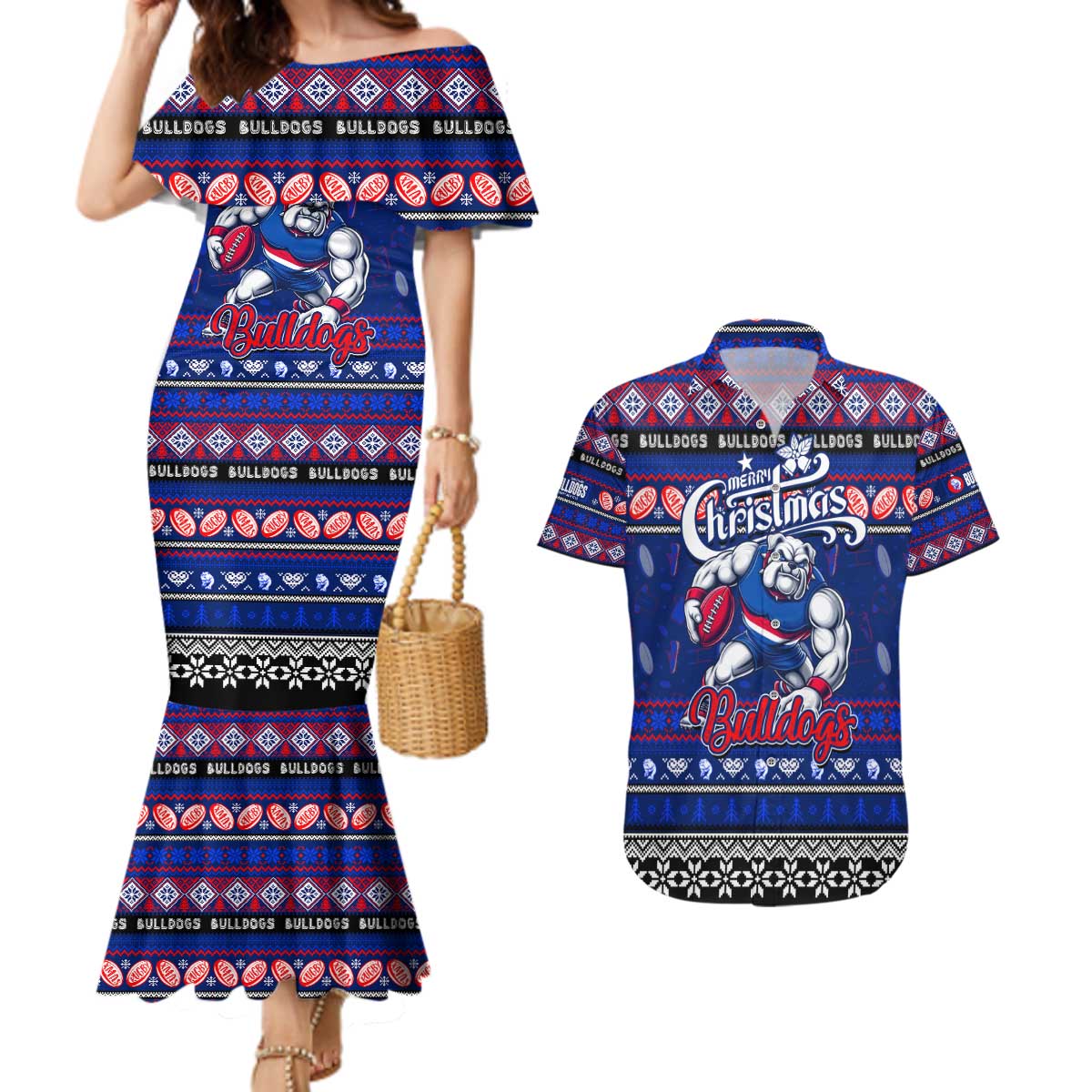 Personalized Bulldogs Rugby Xmas Couples Matching Mermaid Dress and Hawaiian Shirt Australia AFL Mascot