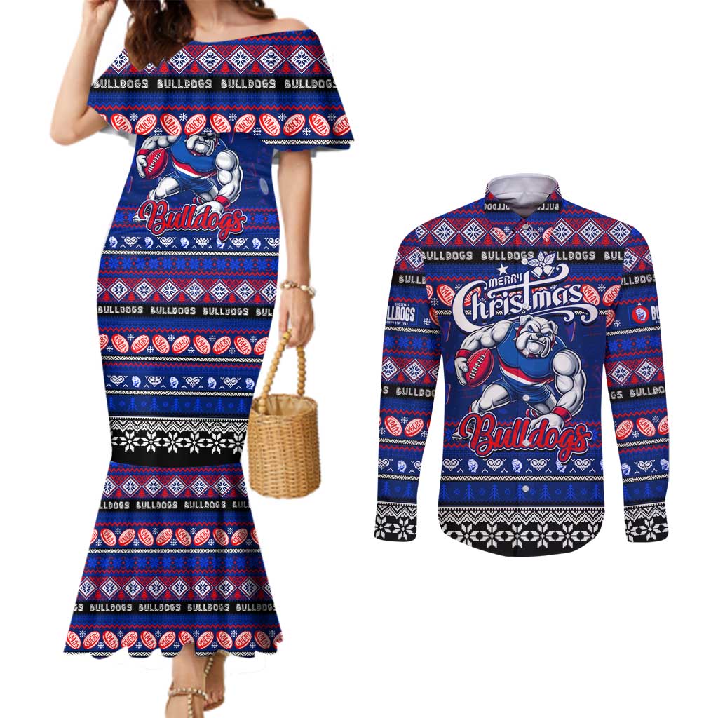 Personalized Bulldogs Rugby Xmas Couples Matching Mermaid Dress and Long Sleeve Button Shirt Australia AFL Mascot
