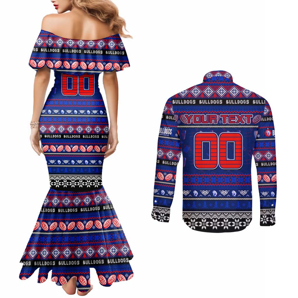 Personalized Bulldogs Rugby Xmas Couples Matching Mermaid Dress and Long Sleeve Button Shirt Australia AFL Mascot