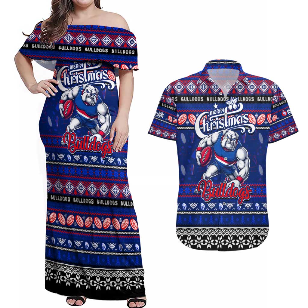 Personalized Bulldogs Rugby Xmas Couples Matching Off Shoulder Maxi Dress and Hawaiian Shirt Australia AFL Mascot