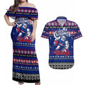 Personalized Bulldogs Rugby Xmas Couples Matching Off Shoulder Maxi Dress and Hawaiian Shirt Australia AFL Mascot