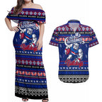 Personalized Bulldogs Rugby Xmas Couples Matching Off Shoulder Maxi Dress and Hawaiian Shirt Australia AFL Mascot
